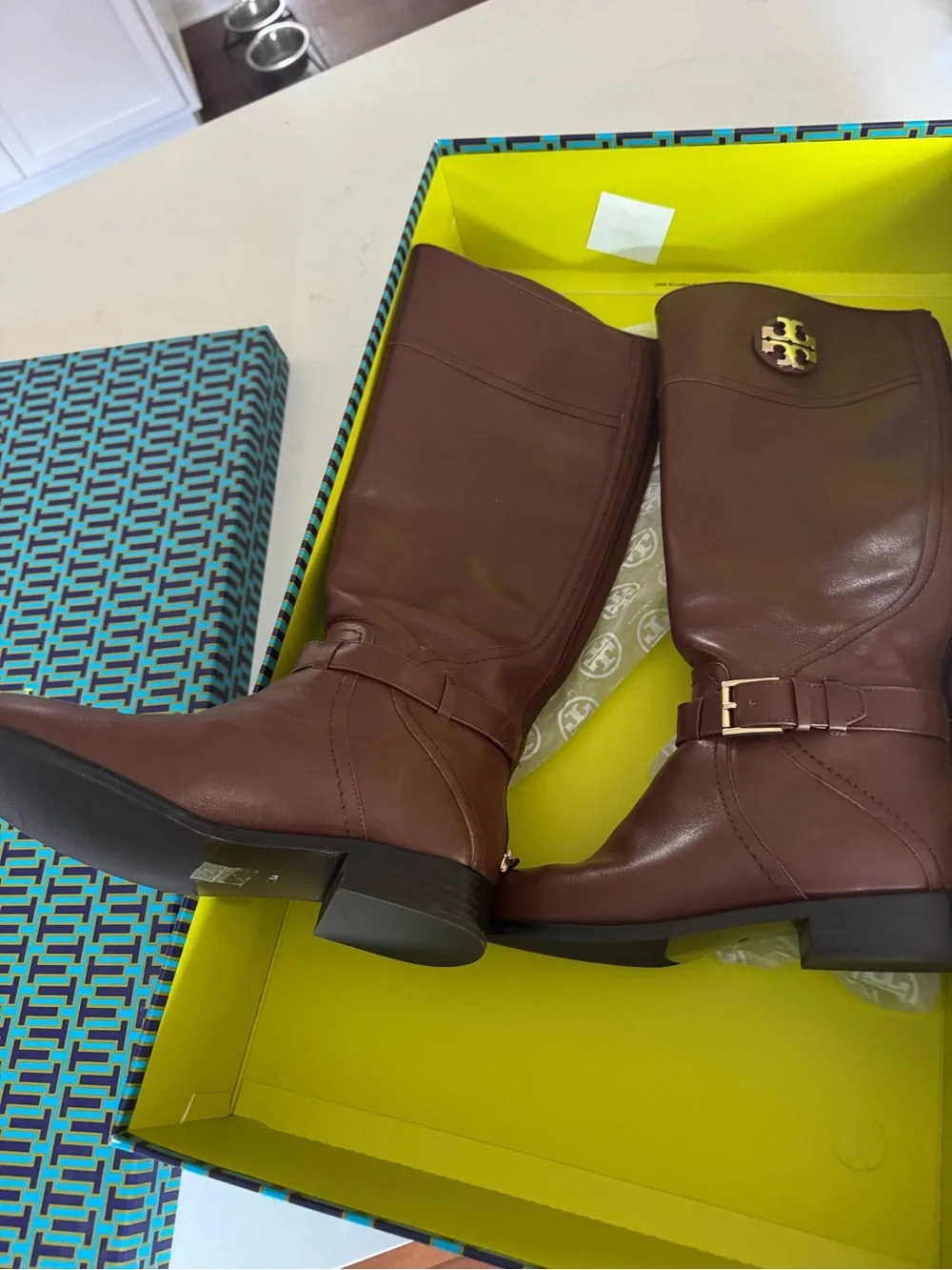 Tory Burch Brown Leather Tall Riding Boots with Gold Logo